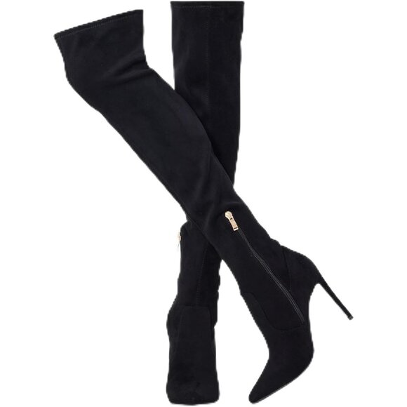 Women Black Suede Wools Polyurethane Over The Knee Stiletto Heel Pointed Boots - Picture 1 of 5